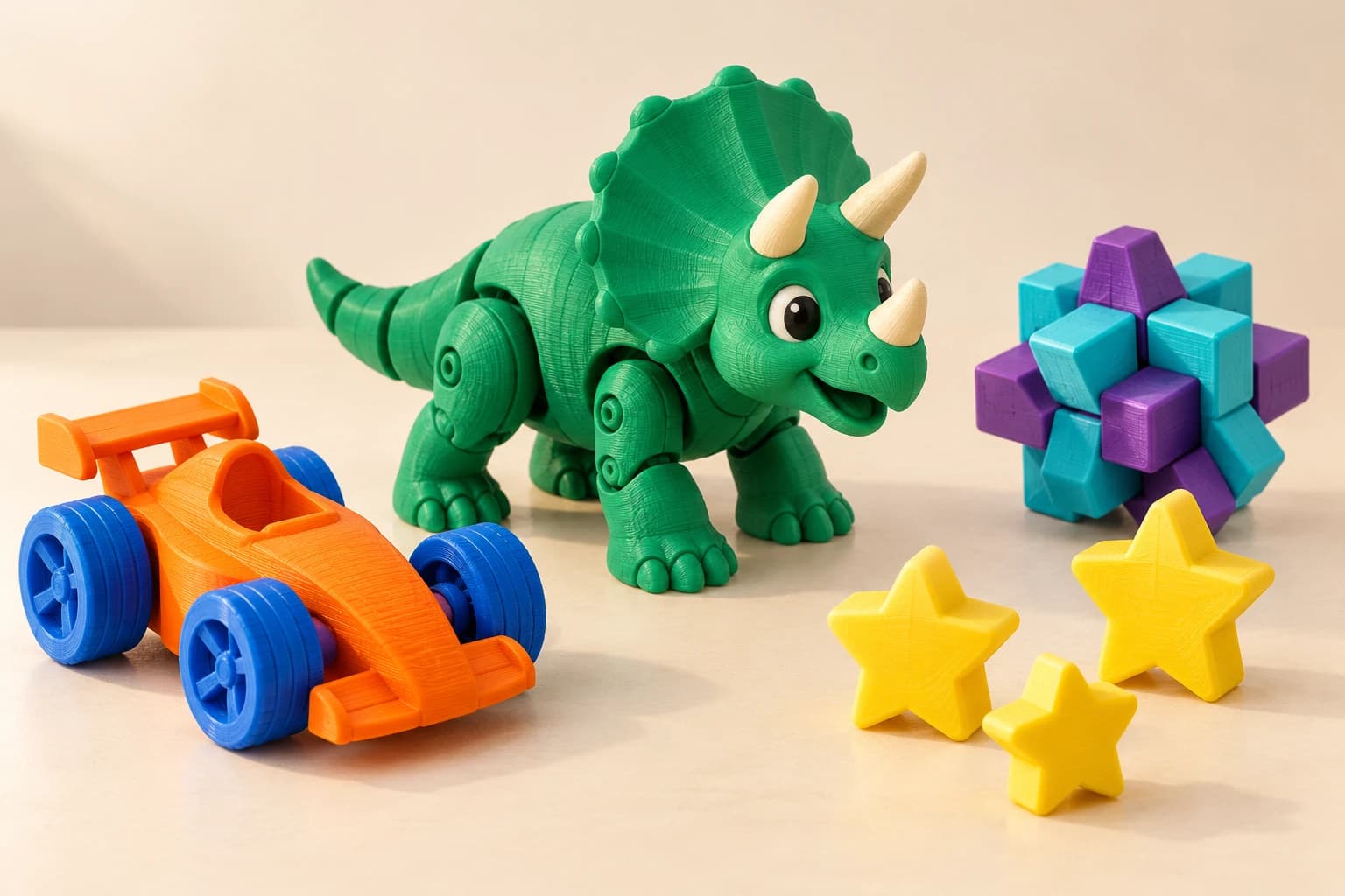 Jucării imprimate 3D: un dinozaur articulat, o mașinuță, stele și o bilă-puzzle